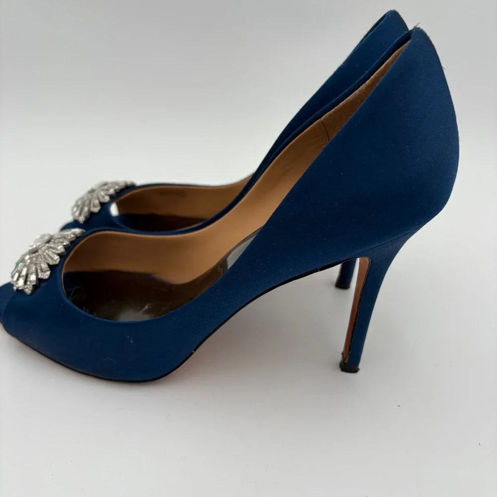 Badgley‎ Mischka Navy Blue Satin Peep Toe Heels Embellished Crystal Sparkle 9.5W